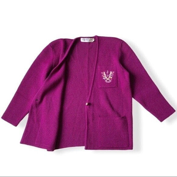 Vintage 80s Magnolia Wool Cardigan Sweater Burgundy Purple Nautical Crest Chunky - Picture 3 of 12